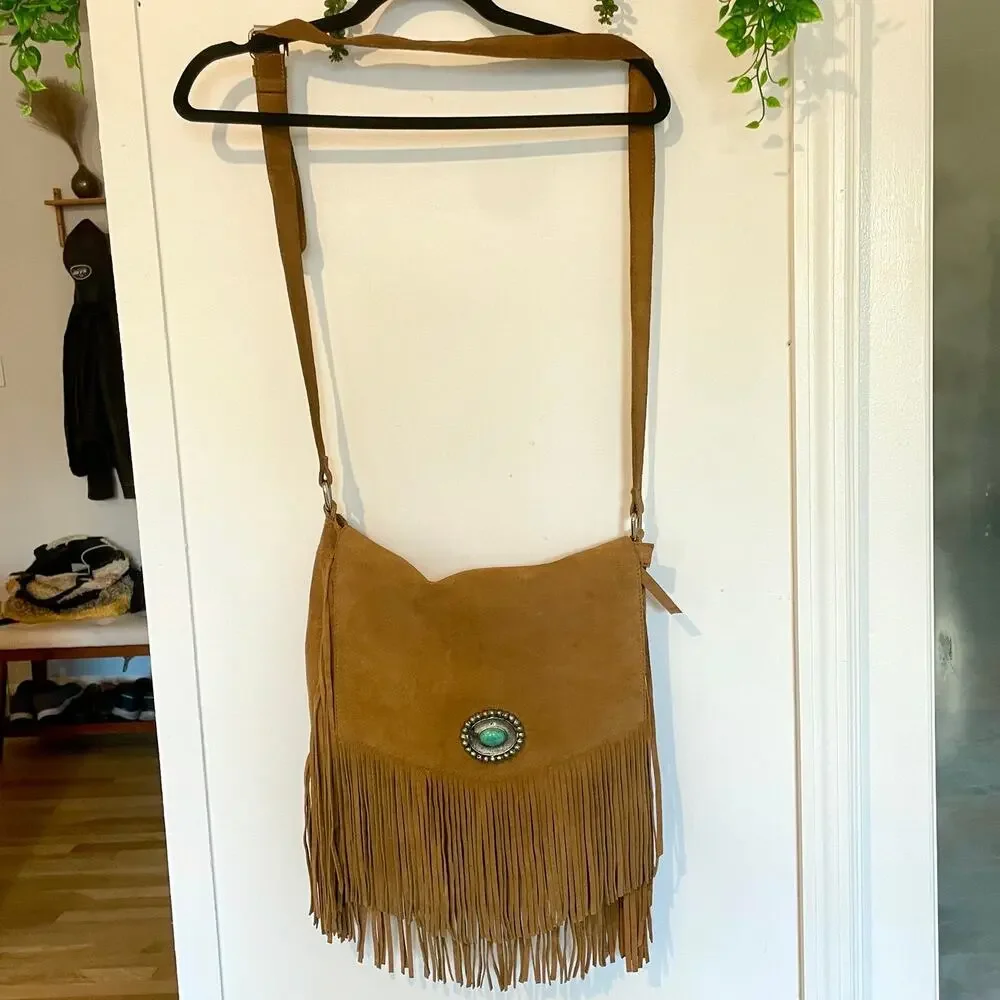 Ten79LA Ricky Suede Tan Crossbody Bag Fringe Western Native Inspired